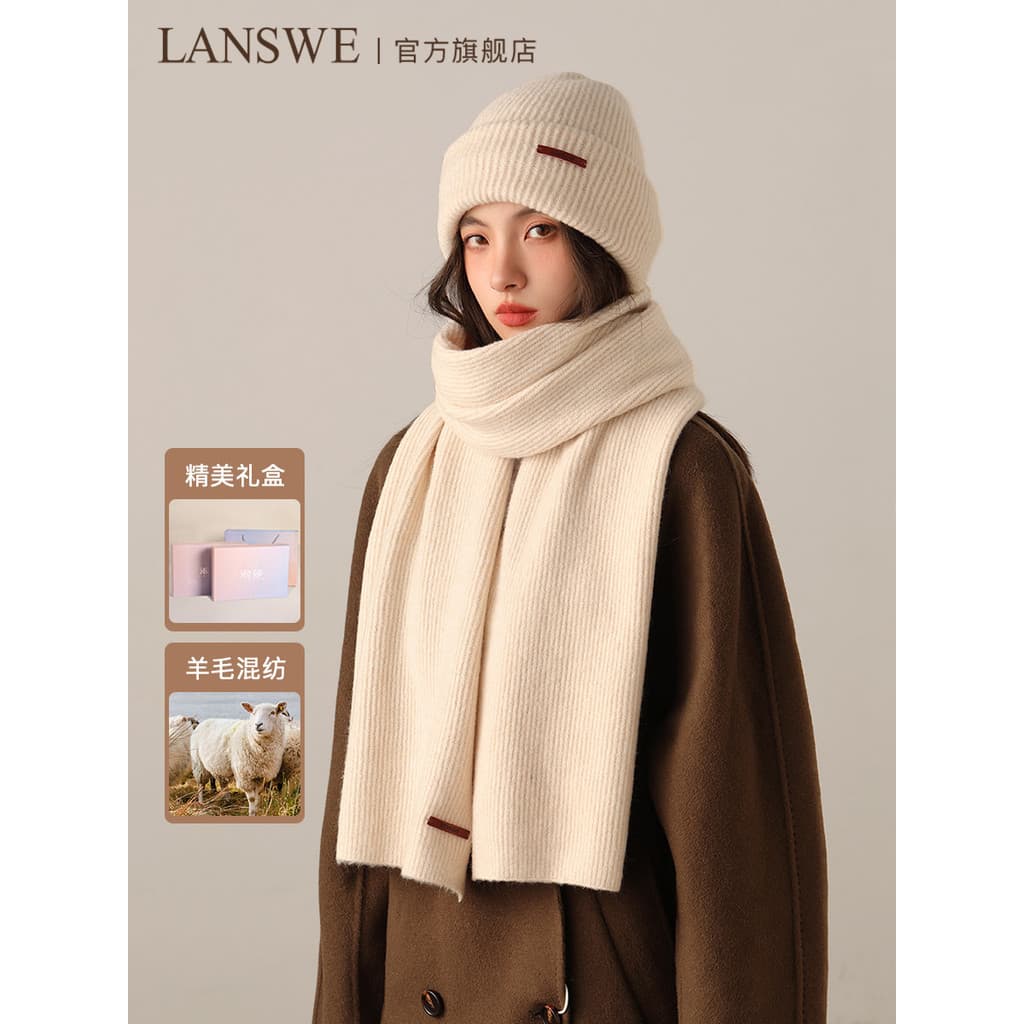 Langsha lã misturada cachecol feminino inverno malha cachecol meninas outono inverno chapéu cachecol conjunto quente cai