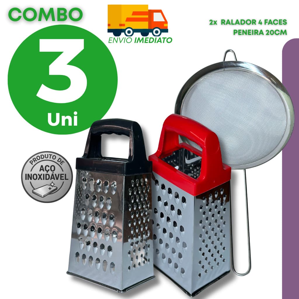 Combo Ralador 4 Faces Peneira 20cm Aço Inox para Queijo Farinha Suco Caldo Legumes e Frutas na Cozinha