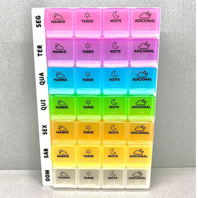 Porta Comprimidos 11x18cm Semanal Com 28 Compartimentos Multicoloridos Para Remédios Prático E Útil LOJAAGORA