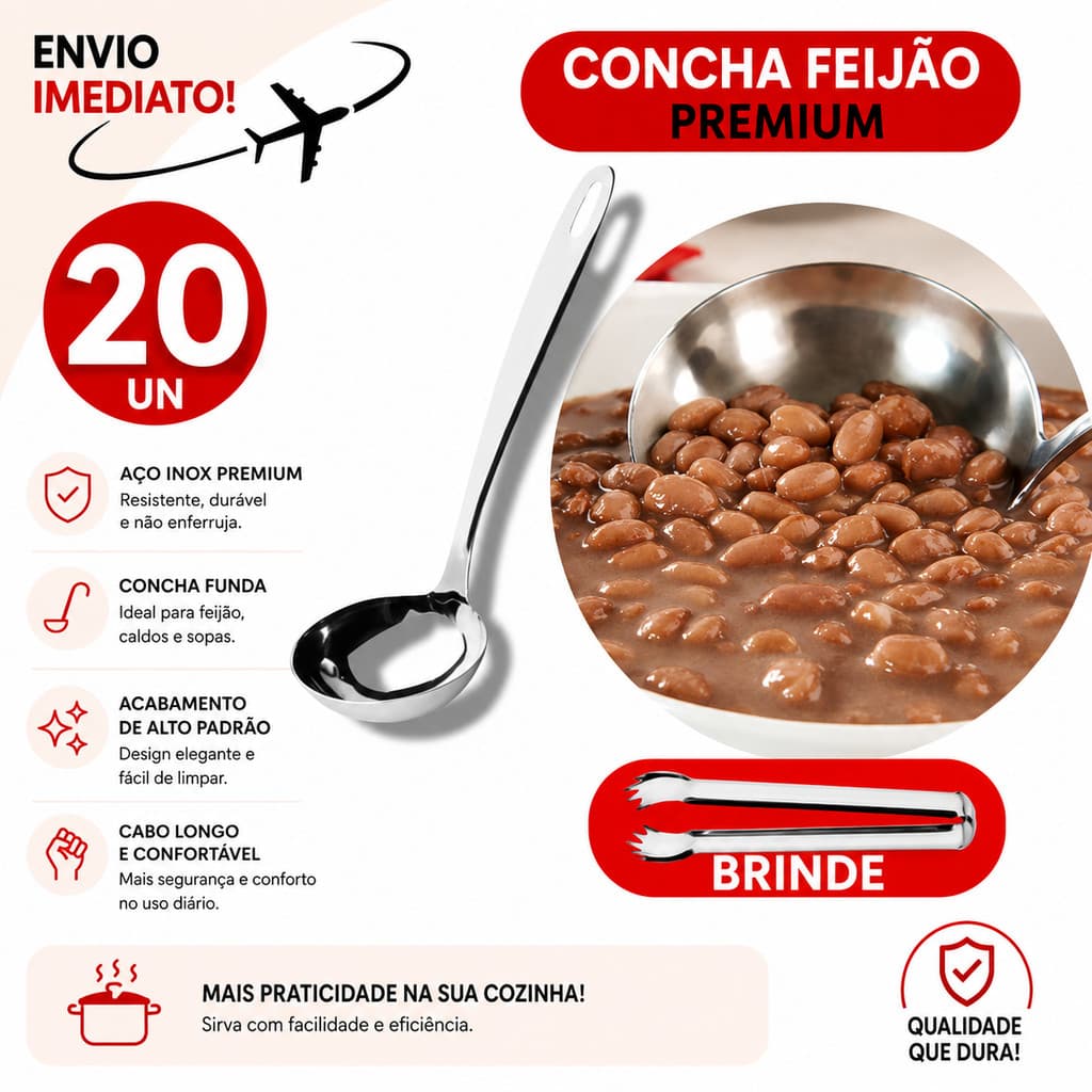 Concha Grande Aço Inox 20 Un Cozinha Restaurante Buffet Com Pegador Brinde * Envio Imediado *