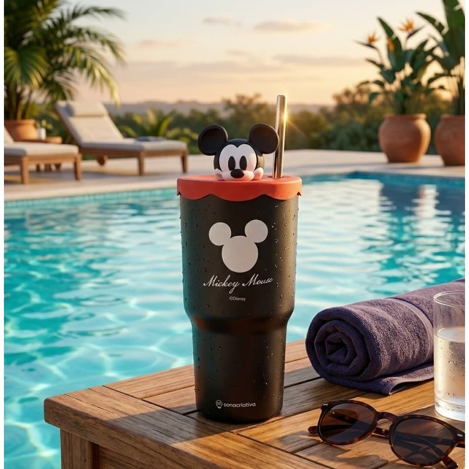 Copo Térmico Mickey 600ml Canudo Topper Zonacriativa Inox