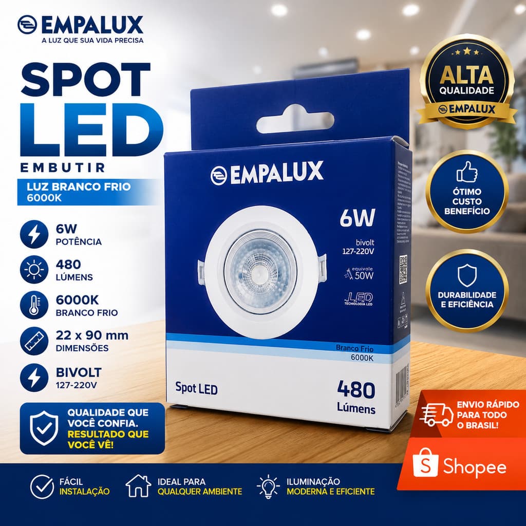 Spot LED Embutir 6W Redondo Empalux 6500K Branco Frio Bivolt Econômico