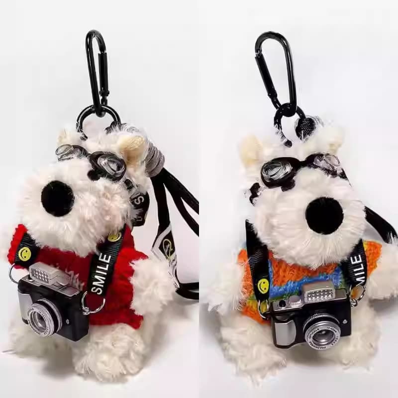 Pingente de pelúcia fofo, boneca de câmera com glitter, decoração para bolsa, chaveiro de cachorrinho de desenho animado