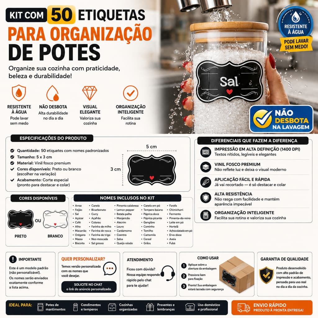 50 Etiquetas para Potes Cozinha Vinil Impermeável Não Desbota Lavável Organização Mantimentos