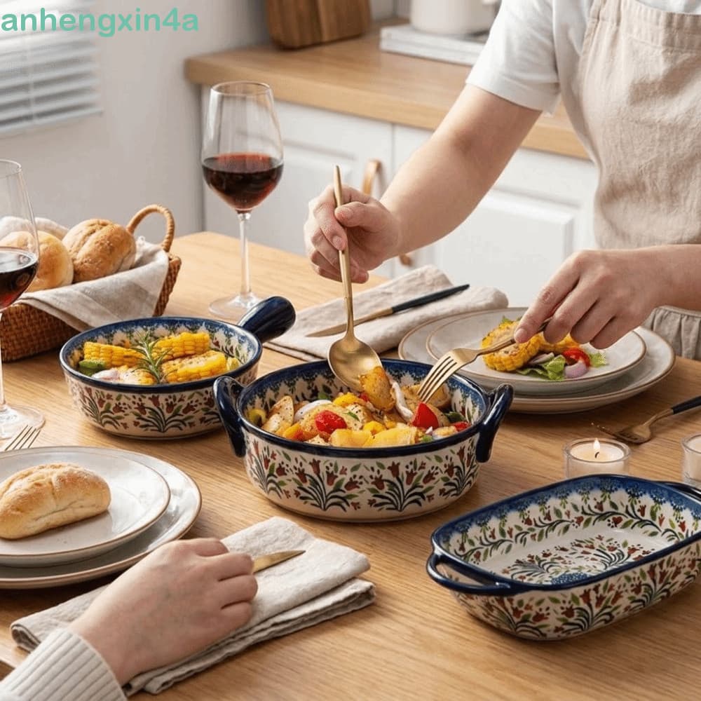 Bandeja De Cozimento De Cerâmica ANHENGXIN , Assadeira Retangular Versátil , Orelha Dupla Com Alças , Tigela De Salada D