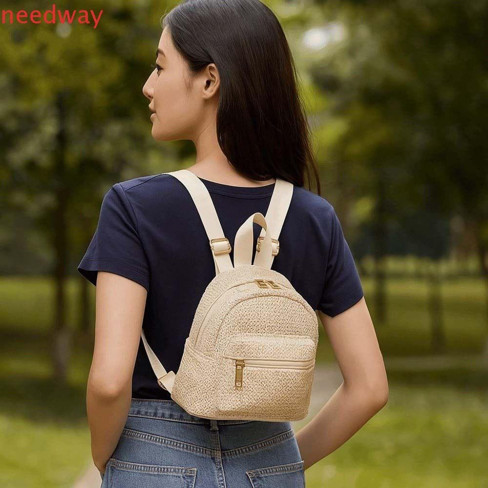 Mochila Pequena Tecida NEEDWAYB , Portátil Leve De Tecelagem De Palha , Mini Bolsa Escolar Bege De Poliéster