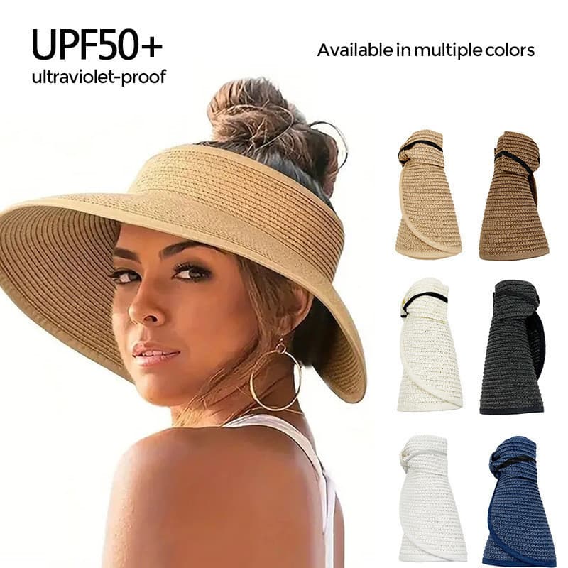 Viseira de Palha Feminina Dobrável Aba Larga Proteção Solar UV UPF50+ Chapéu de Praia Ajustável