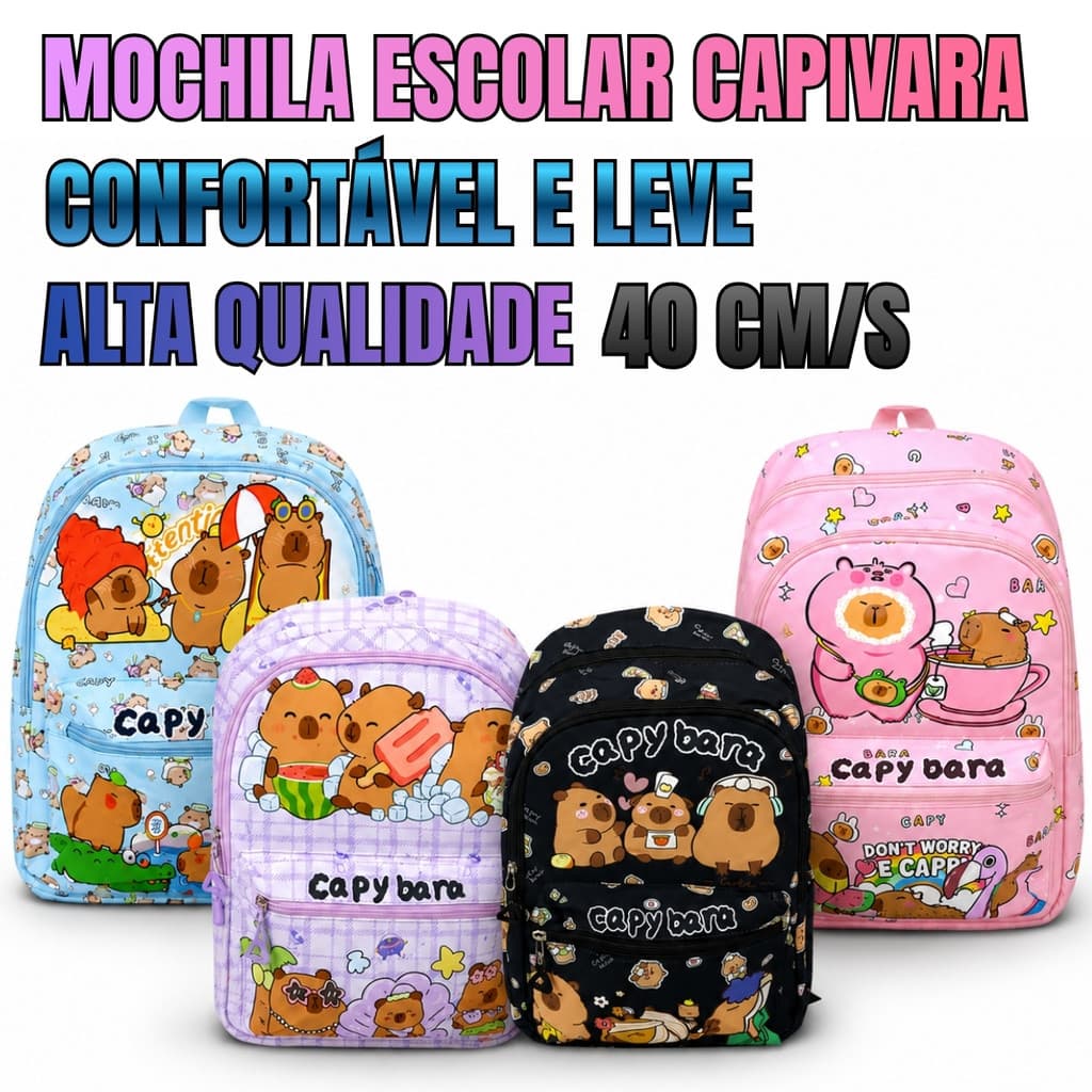 Mochila Escolar Capivara 40cm Infantil Resistente e Confortável
