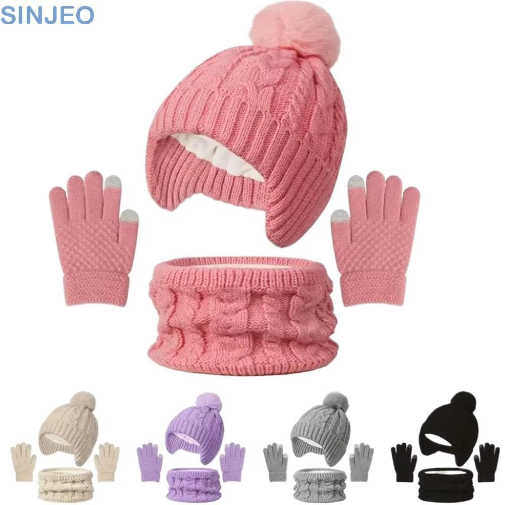 SINJEO Conjunto De Luvas E Cachecol Para Bebê , Orelhas Quentes , Chapéus De Malha Crianças Pequenas , Cor Sólida , Chap