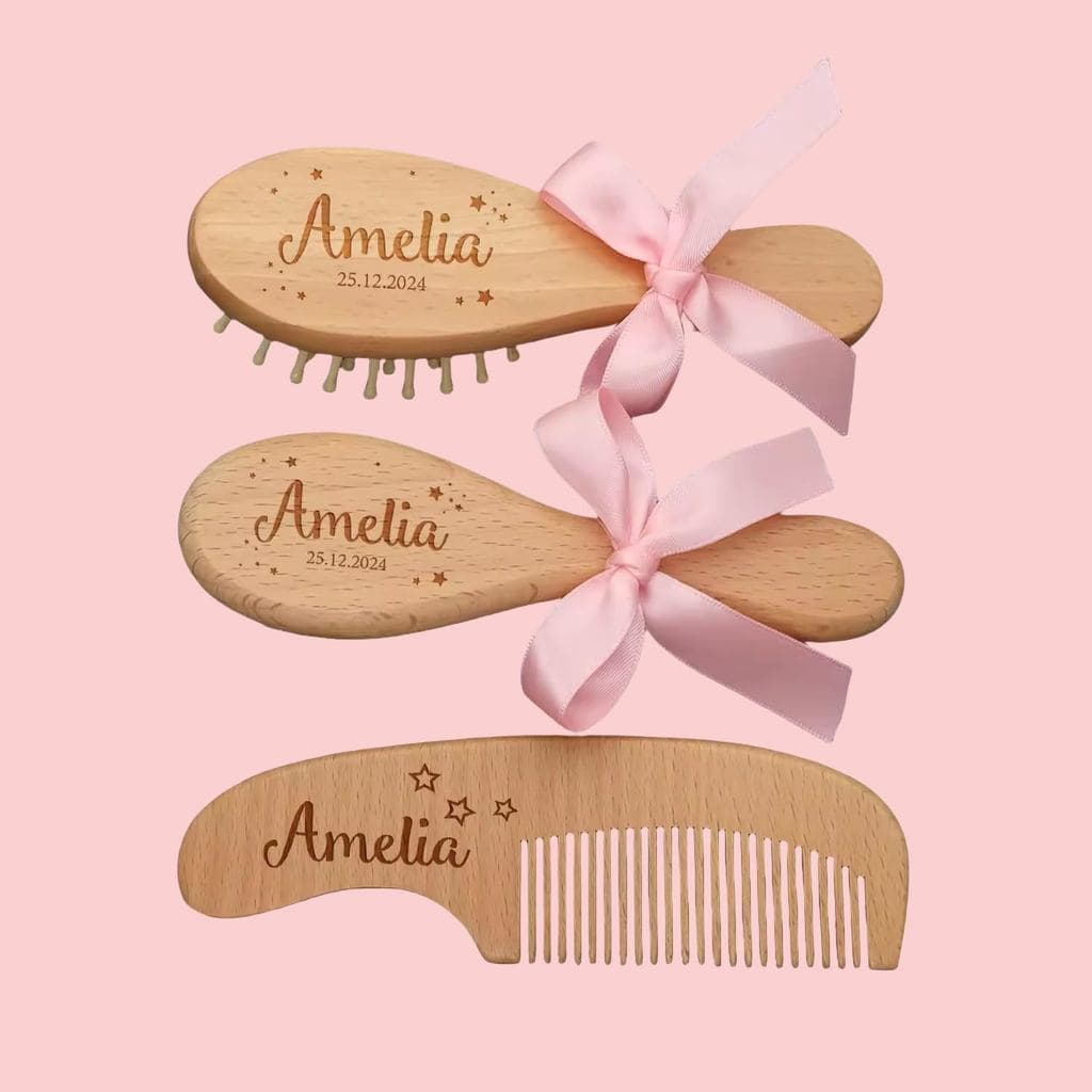 Presente Personalizado para Bebê: Escova e Pente para Cabelo de Recém-Nascido, Lembrança de Bebê Personalizada com Grava