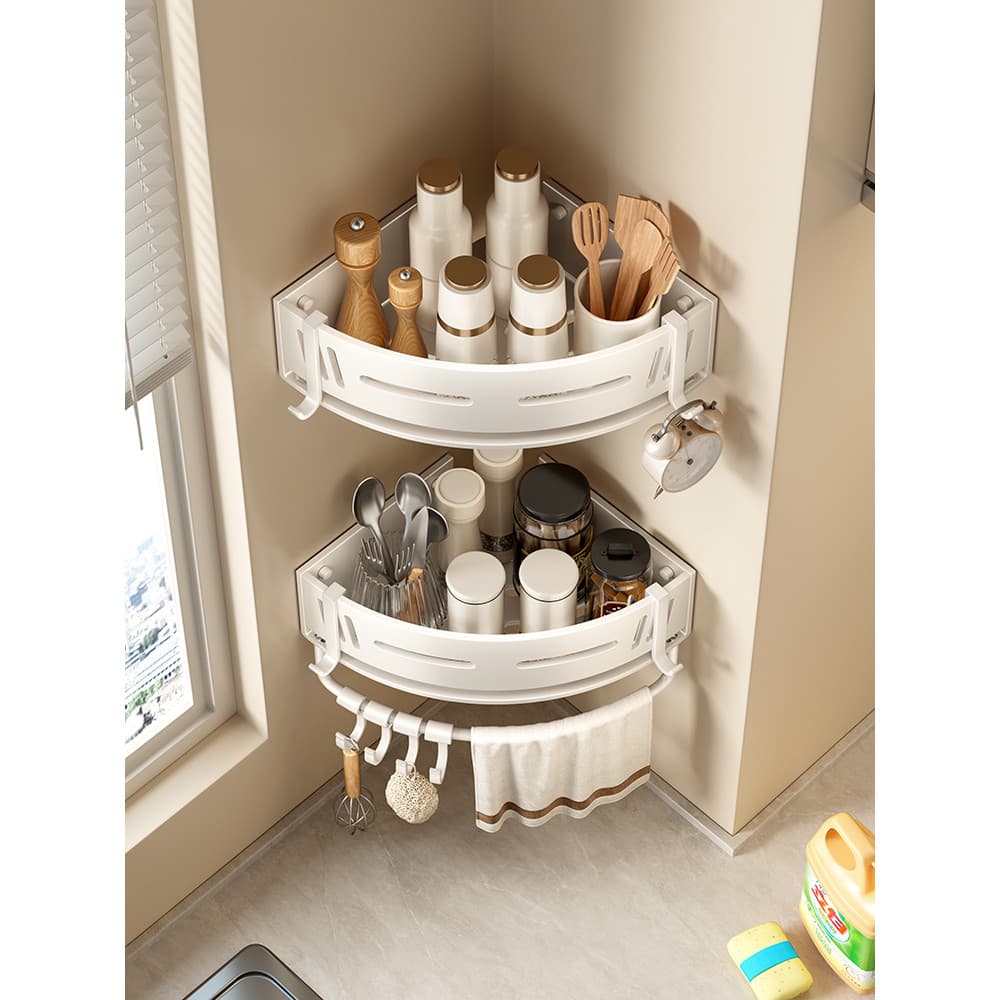 Rack triangular de cozinha, cesta de canto sem perfuração, multicamadas, pendurado na parede, jarra de tempero, utensíli