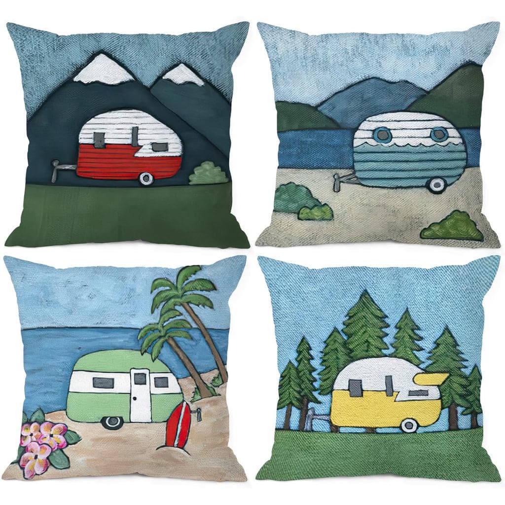 Capa de Almofada Decorativa com Desenho de Cartoon Engraçado e Fofo, Estilo Rústico, para Trailer de Viagem, Camper, 18x