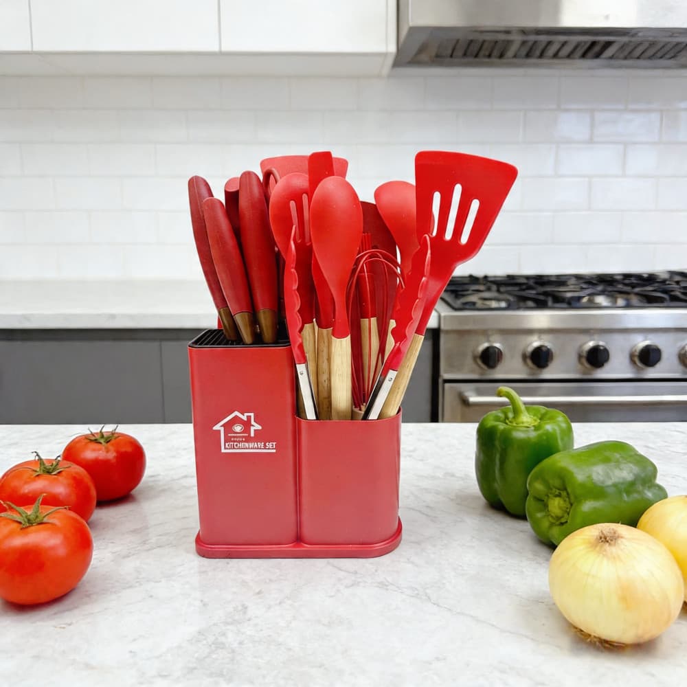 Kit Completo Jogo Utensílios de Cozinha Luxo 19 Peças Com Tábua em Silicone Espátula Faca Tesoura