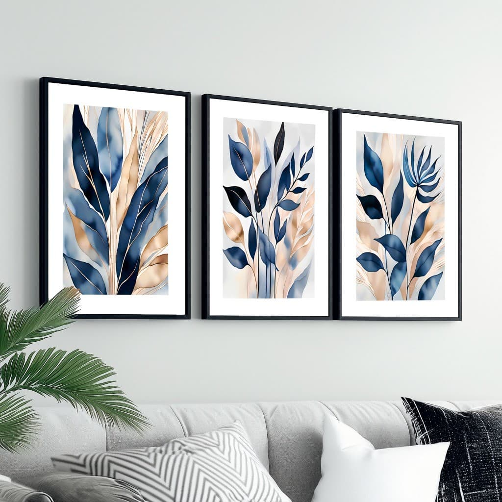 Trio Quadros Decorativos Com Moldura 40x60 Folhagem Moderno Para Sala Quarto