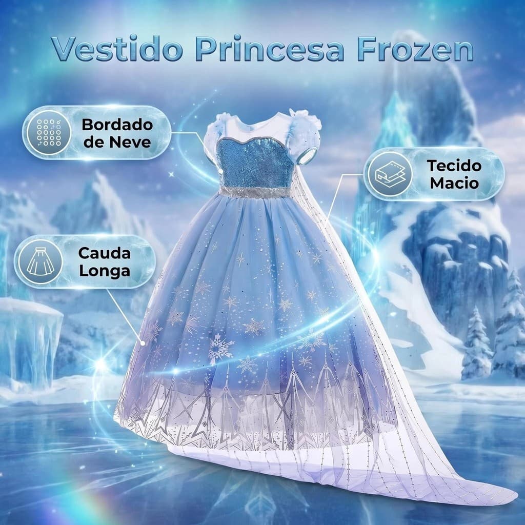 Fantasia Frozen Completa-Vestido de Princesa com Capa Longa e Brilho