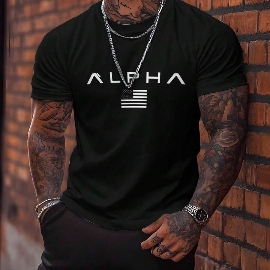 Camiseta Masculina 100% Algodão Estampa Alpha EUA Visual Urbano Toque Suave Caimento Atual Uso Casual Diário