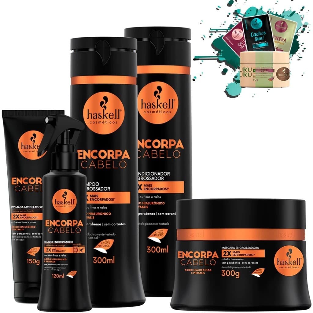 Shampoo Condicionador 300ml Máscara 300gr Fluido 120ml e Pomada modeladora Encorpa Cabelo Haskell