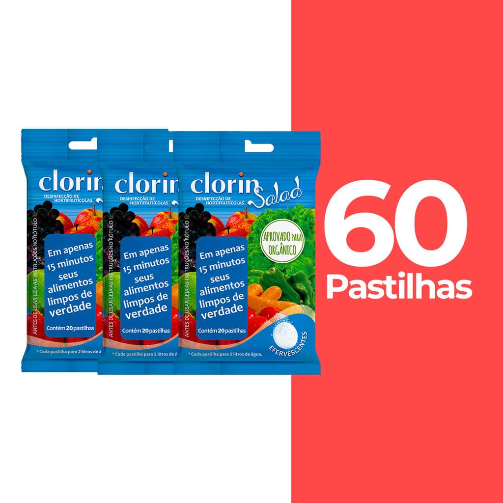 60 Pastilhas Clorin Salad Higienizador de Frutas Verduras e Legumes Organicos e Comuns