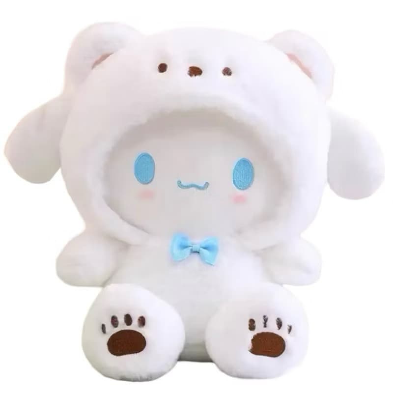 Brinquedo de pelúcia Cinnamoroll, o urso companheiro da Hello Kitty, com aproximadamente 25 centímetros de altura.