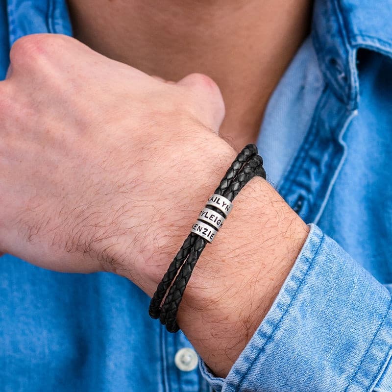 Personalizado Pulseira De Couro Trançado De Aço Inoxidável Personalizado Nome Beads Charm Bracelet Para Homens Nomes