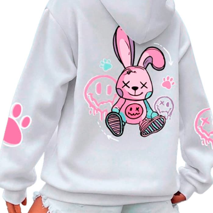 Moletom Canguru Streetweer Estampado com Coelho Fofo Estiloso Material Premium Blusa de Frio