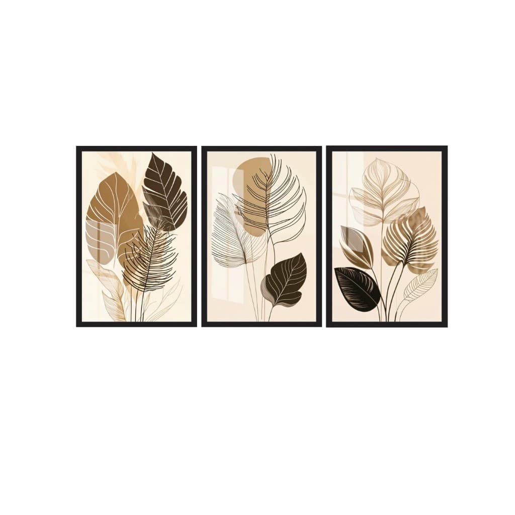 Quadros Decorativos 50x30 Folhagem Folhas Neutro Moderno Mosaico Sala Quarto Escritório Premium