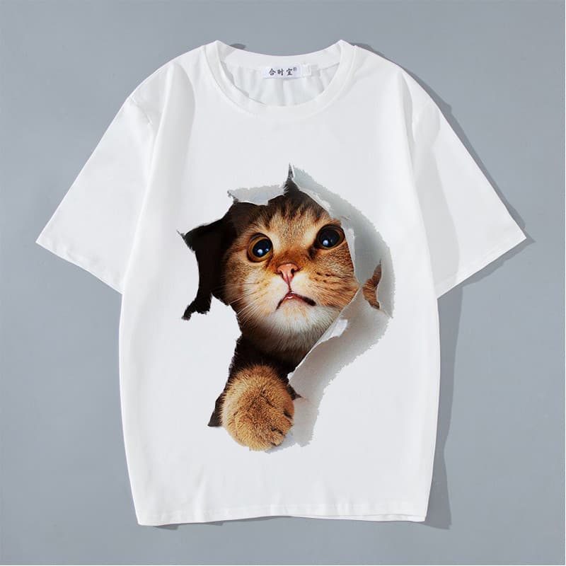 Camiseta masculina Casual de manga curta, verão, criativa, 3D, tridimensional, Anime, roupas periféricas, gato fofo, est
