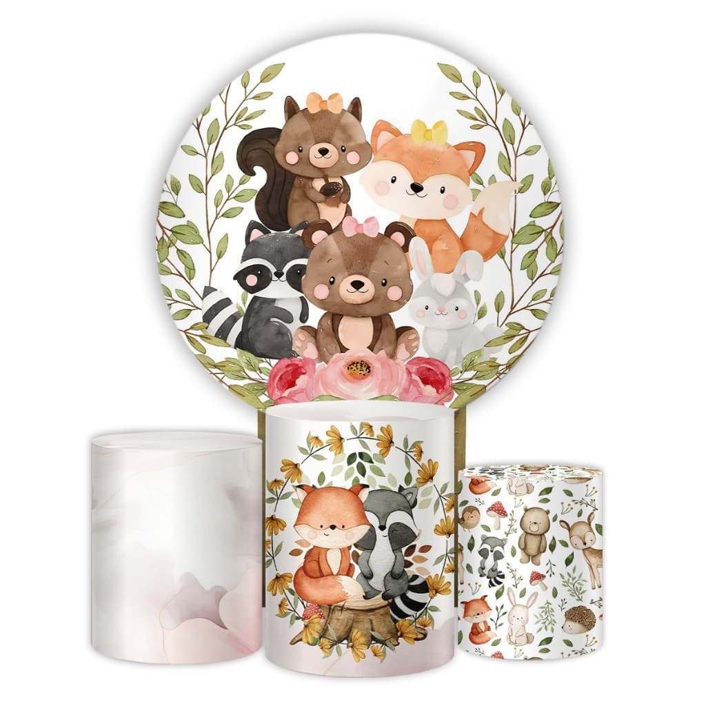 Capa Painel e Cilindros Festa Infantil Tema Floresta Animais Cute Decoração Bosque Encantado