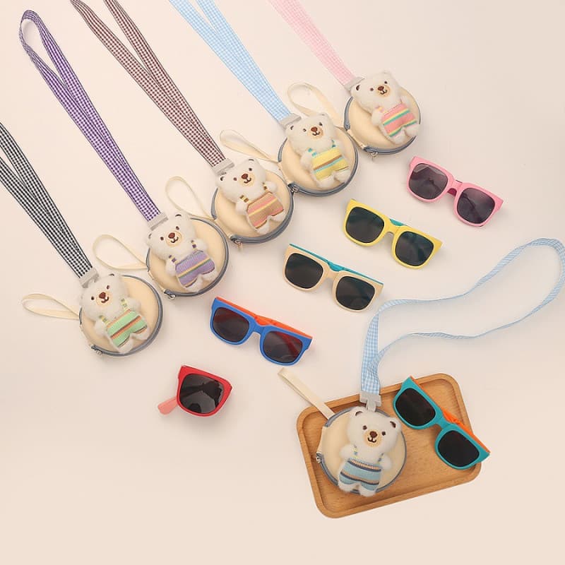 Novos Óculos De Sol Dobráveis Para Crianças Com Alça De Urso , Estojo Portátil Pendurar No Pescoço , Conjunto De Duas Pe