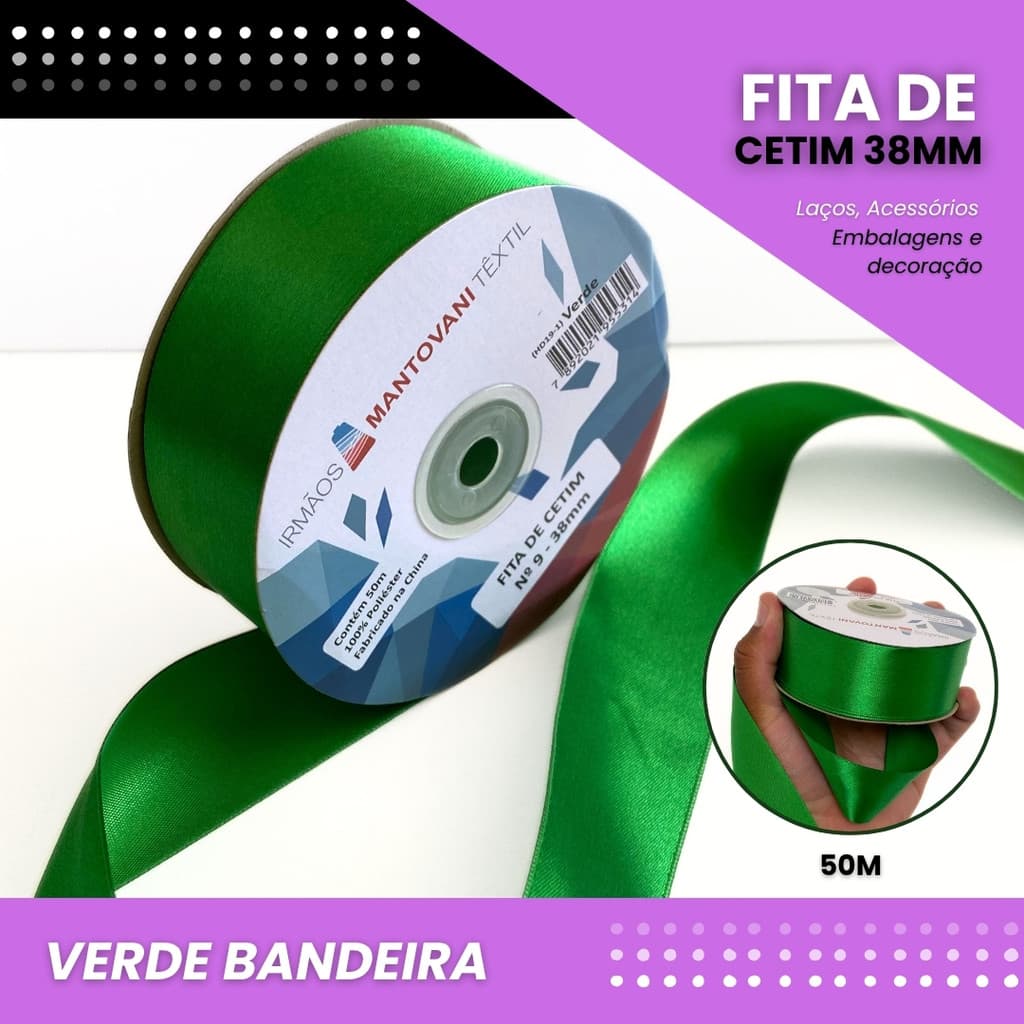 Fita de Cetim Lisa - 38mm - Rolo C/50 Metros COR:VERDE-BANDEIRA