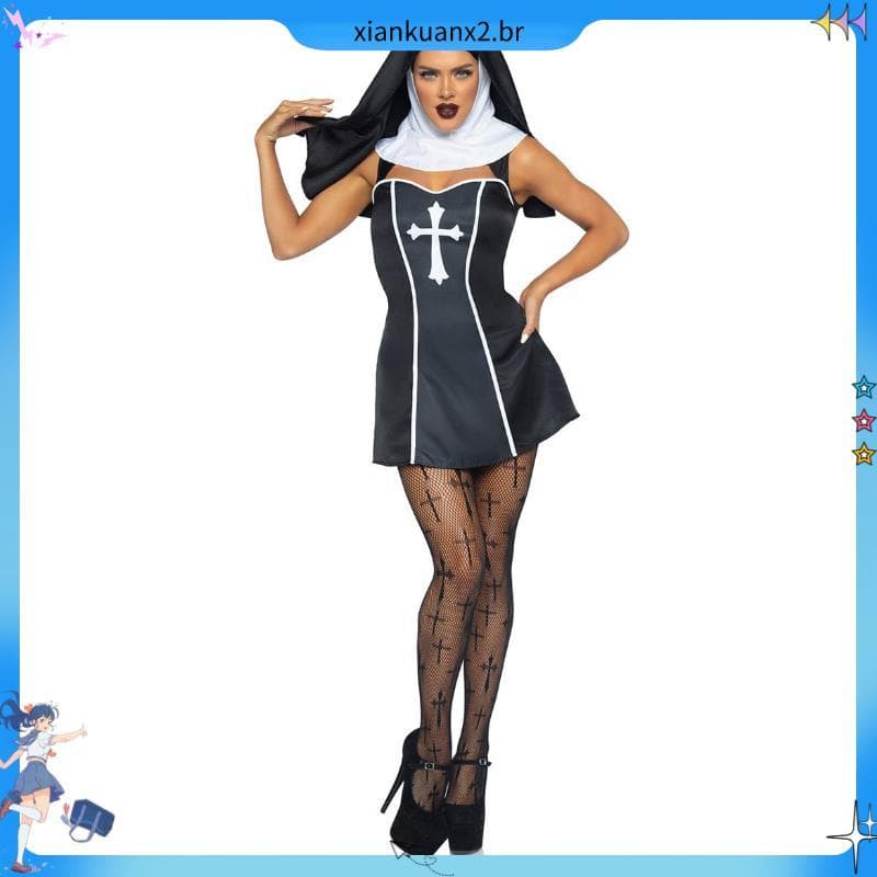 Traje De Freira Vestido De Festa De Carnaval Uniforme Cosplay Católico Com Capuz Mulher Jogo  De Halloween Tentação