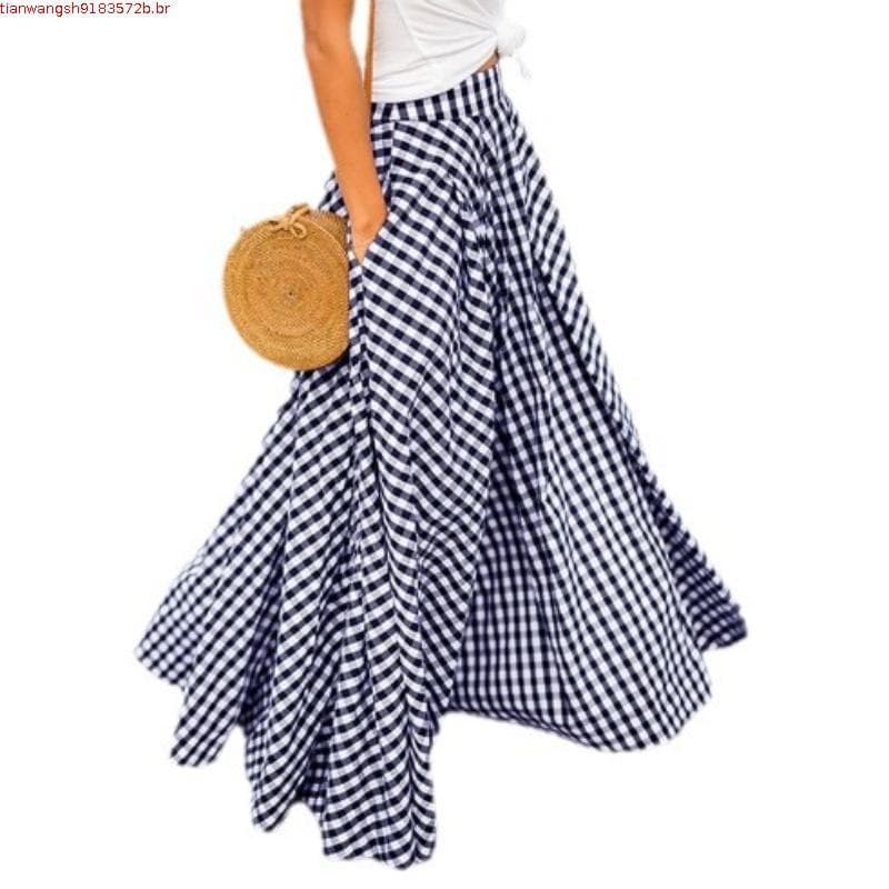 Saias Longas Xadrez Vintage, Saia Fina de Cintura Alta com Zíper Plissado Bolsos Casuais Maxi BZYV 85VM