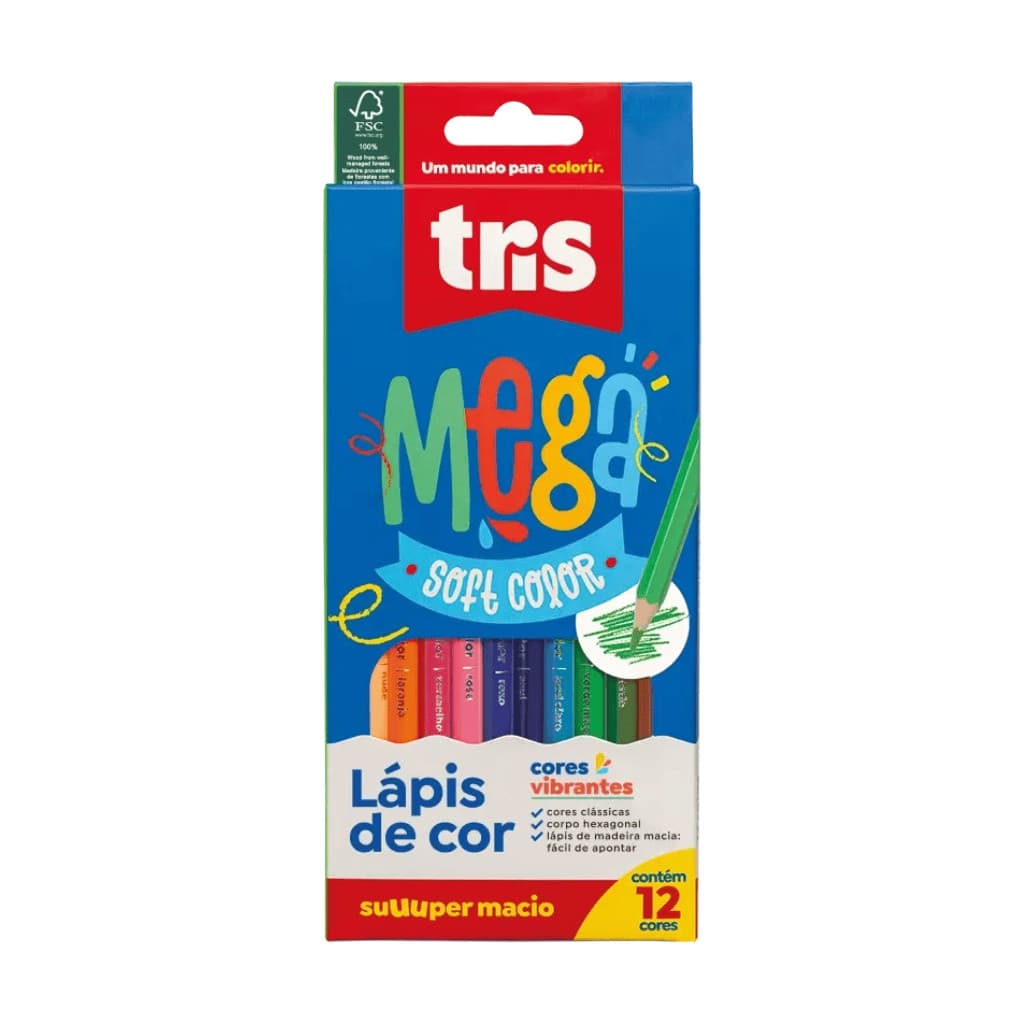 Lápis de Cor Tris Mega SoftColor Tons Vivos Macio 12 24 36 48 60 Cores Escolar Profissional Pintura Desenho Original
