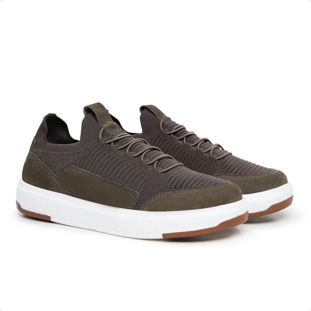 Tênis Casual Masculino Knit com Detalhe em Couro Flexível Caminhada Trabalho Dia a Dia