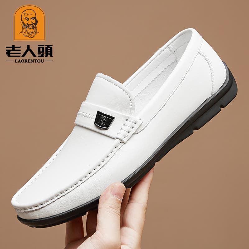 Idosos Toe ervilhas sapatos masculinos verão couro genuíno respirável um Pedal preguiçoso condução sola macia branco moc