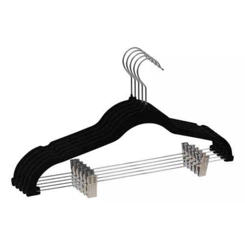 Kit 5 Cabides Slim Veludo Preto Antiderrapante Com 10 Presilhas Resistente Duravel