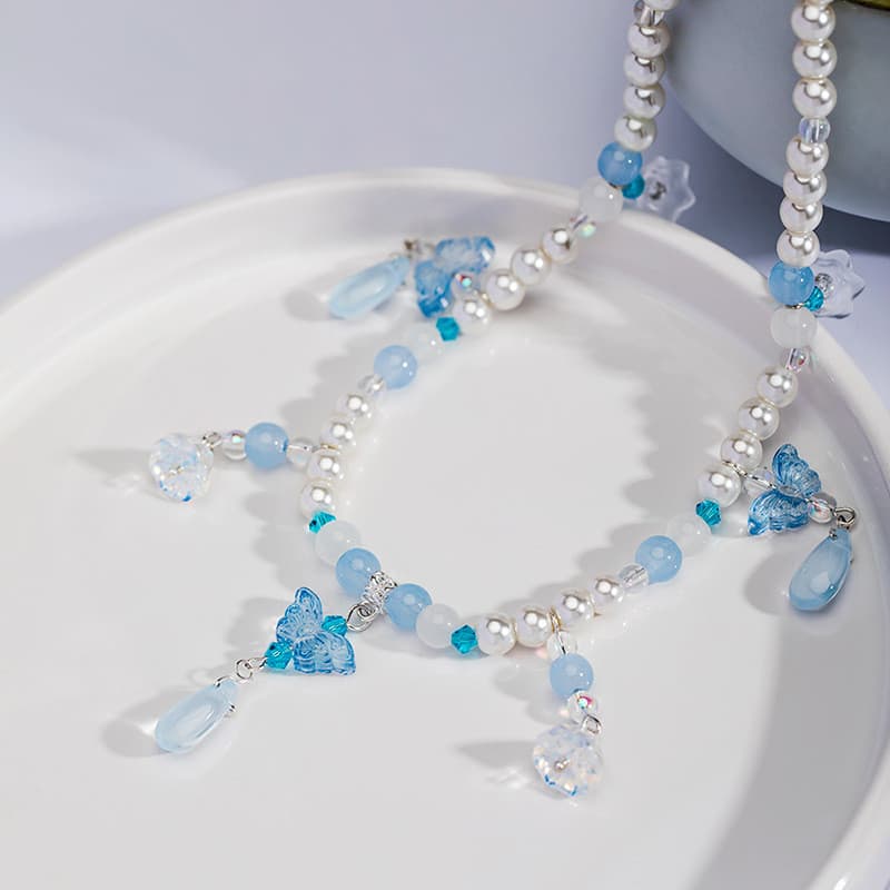 [Estoque pronto] Colar Hanfu estilo chinês novo estilo chinês lago azul acessórios antigos borla pérola macia Yingluo (T