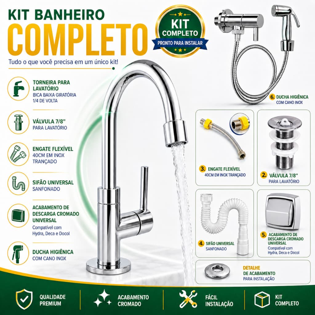 Kit Banheiro completo Ducha Higiênica Torneira Lavatório Sifão Válvula Acabamento Descarga engate
