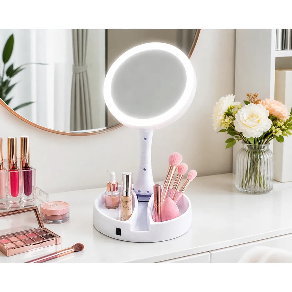 Espelho De Mesa 21 Leds Aumenta 5x com Organizador, Cabo USB, Luz LED Branca, Ideal Para Maquiagem, VIagem