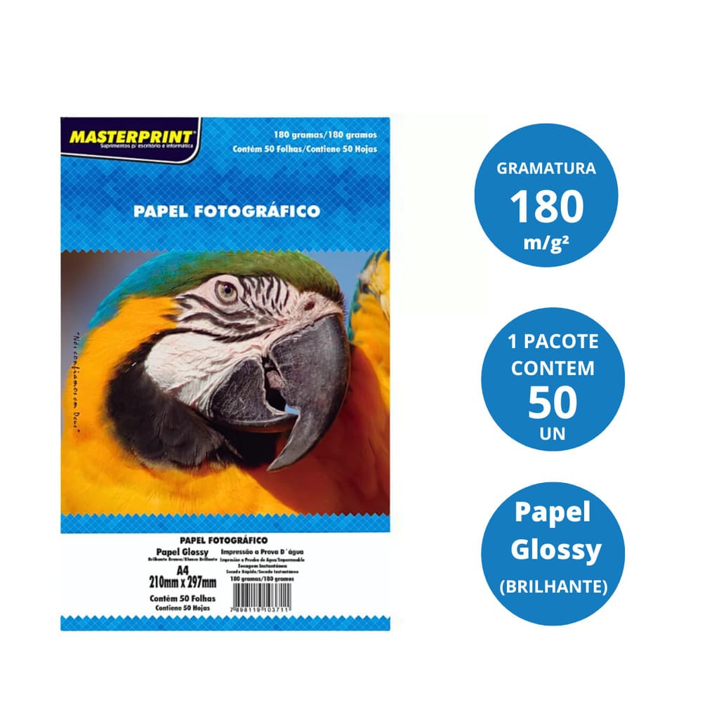 Kit Papel Fotográfico 180g Glossy A4 - S/ Adesivo MASTERPRINT