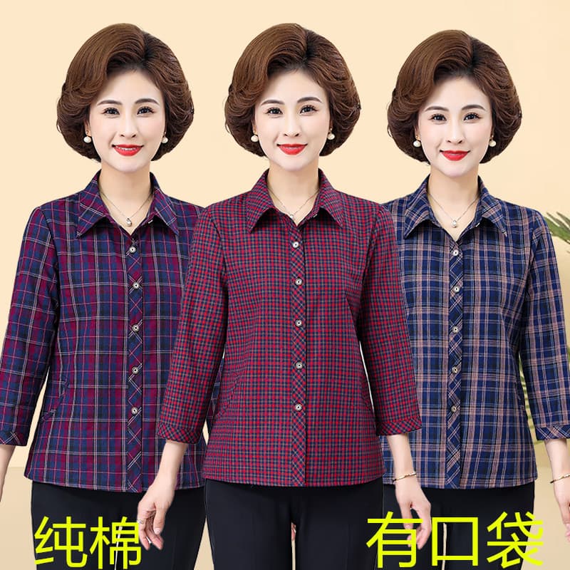 Camisa de algodão feminina de meia-idade idosos primavera outono manga de três quartos camisa xadrez solta estilo ociden