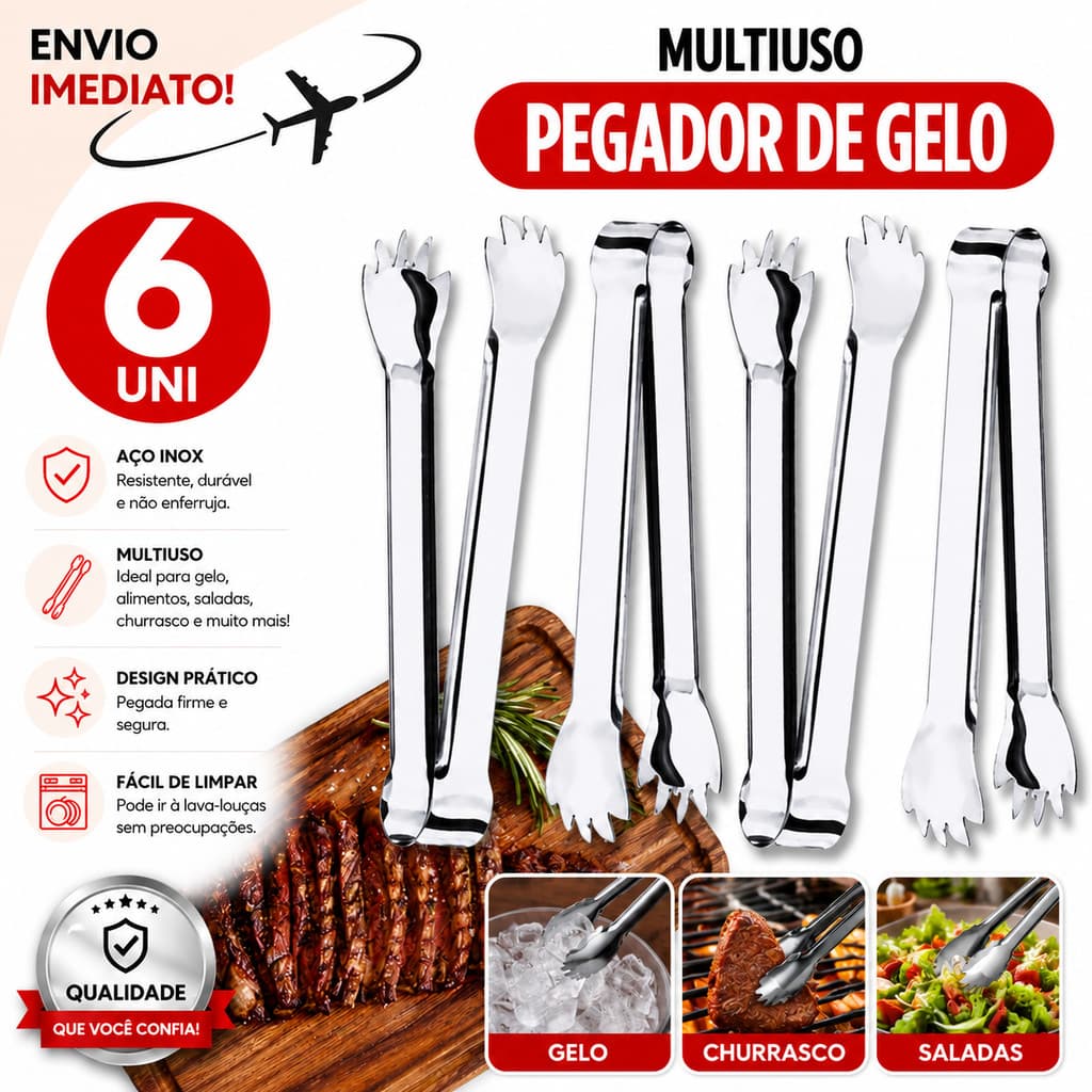 Pegador Inox Multiuso 6 Unidades Gelo Carne Churrasco Buffet de Bebidas * Envio Imediado *