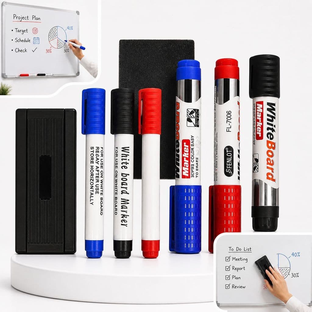 Marcador Quadro Branco 3 Cores com Apagador para Estudo Escola e Casa Fácil de Limpar