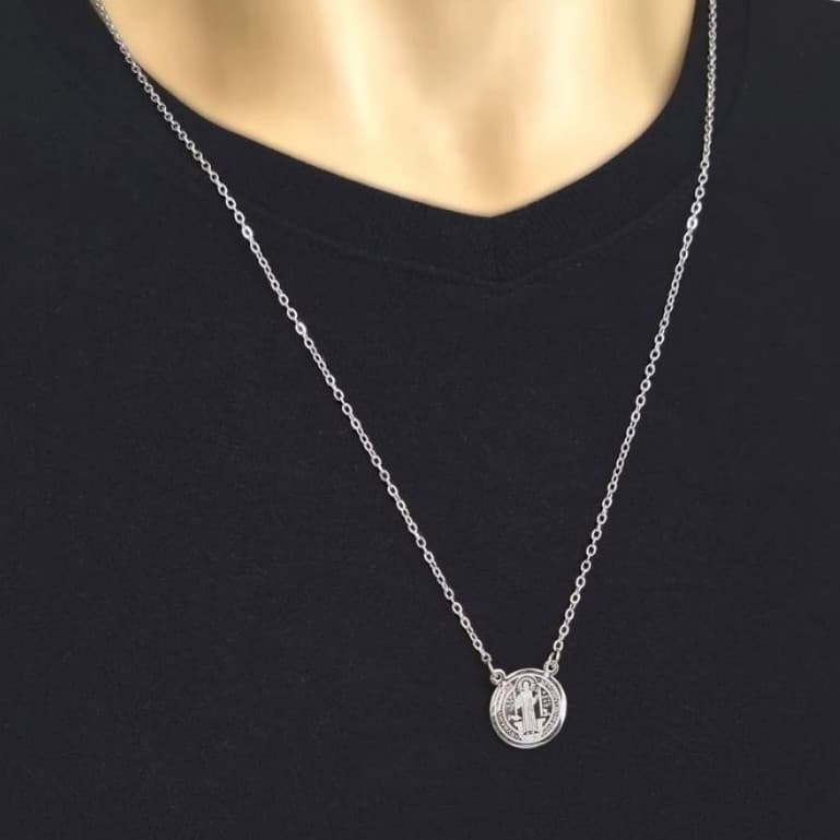 Escapulário São Bento Prata Aço Inoxidável 316L Masculino Feminino Religioso