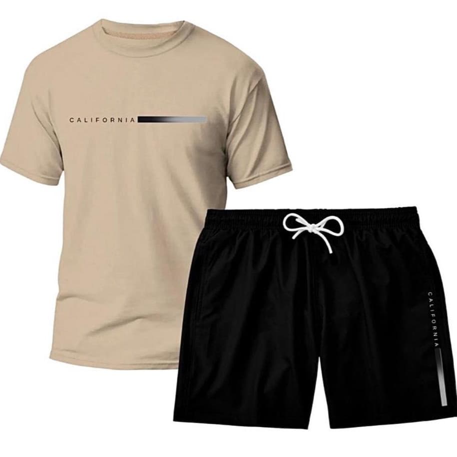 Kit Camiseta Algodão Masculina California e Short Tactel Estampado Verão Promoção Conjunto Versátil Confortável