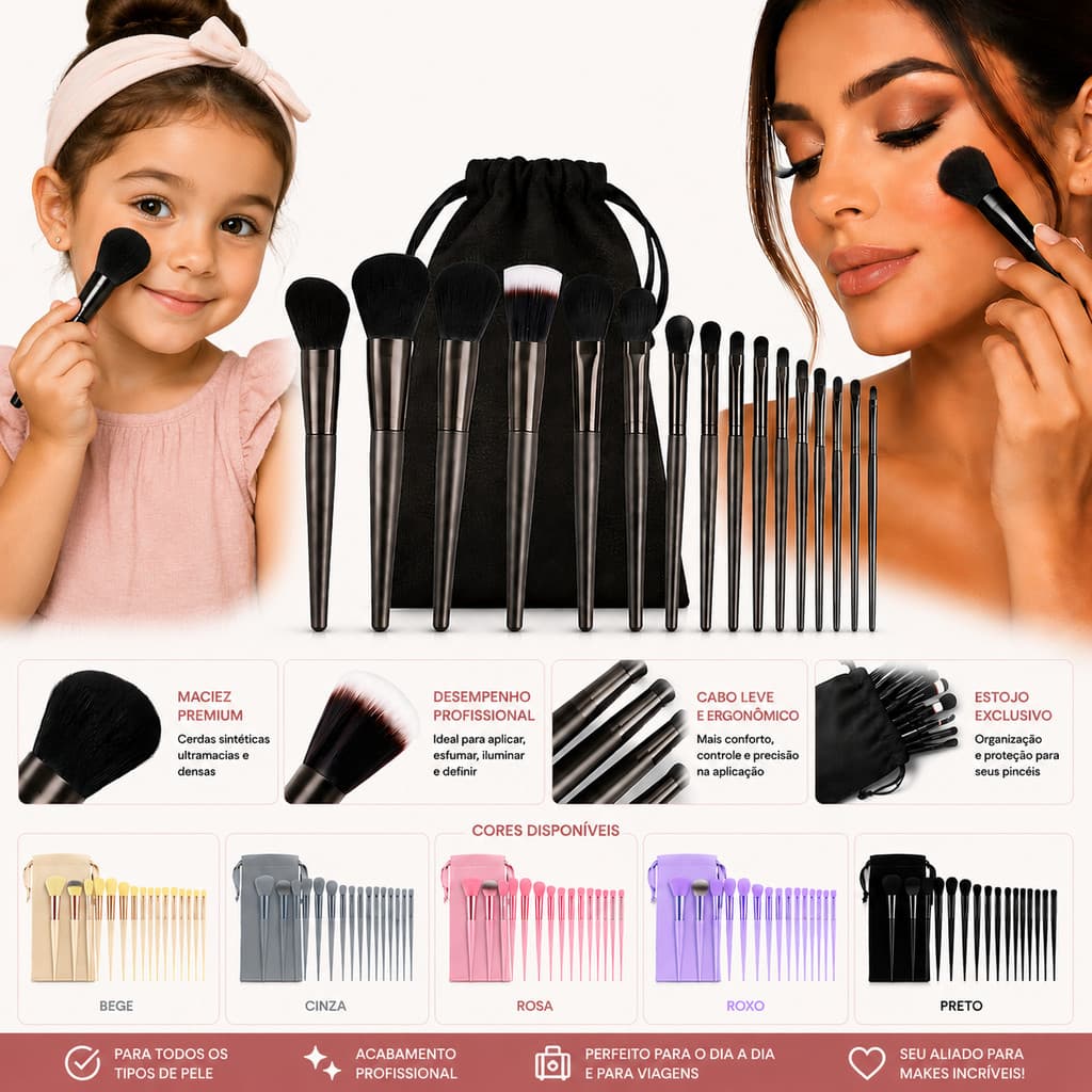 Kit 13 Pincéis De Maquiagem Profissional Completo Com Bolsa Macios Para Base Pó Blush Sombra