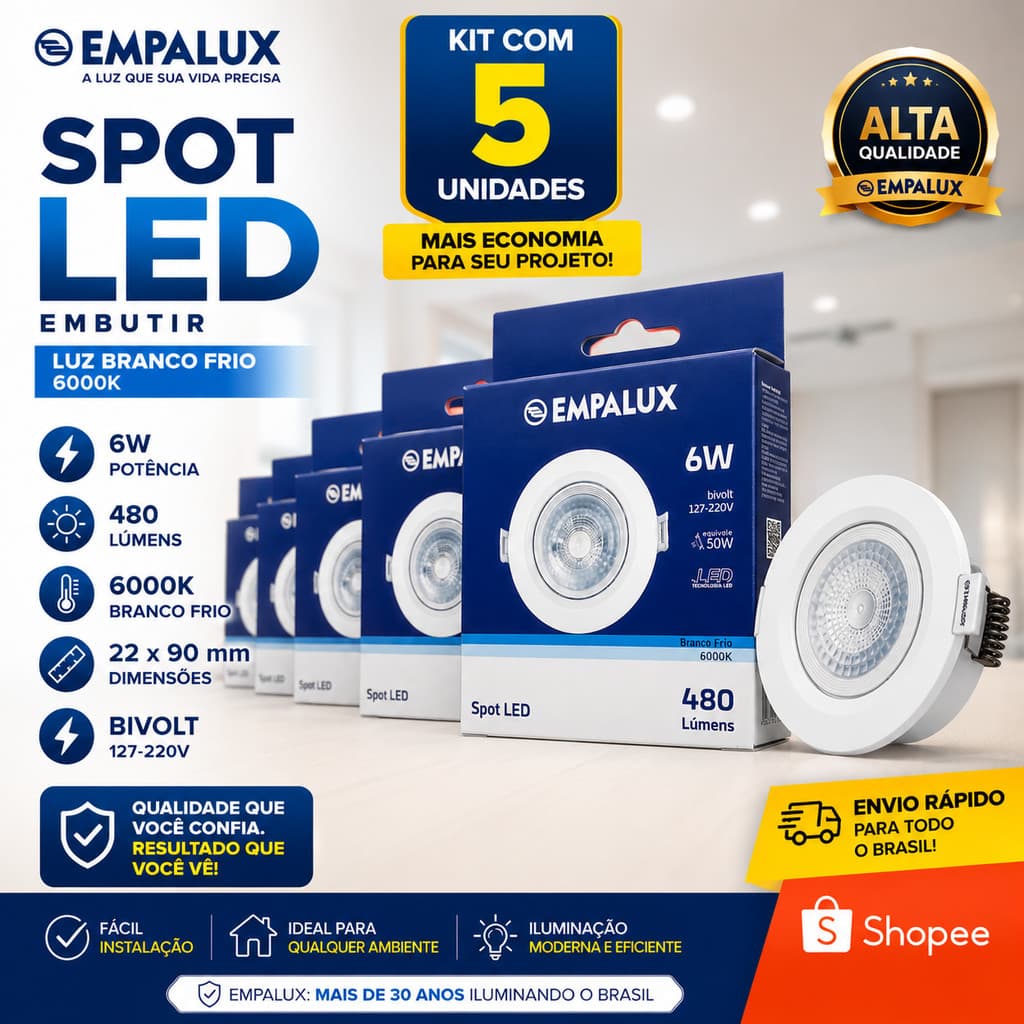 KIT Spot LED Embutir 6W Redondo Empalux 6500K Branco Frio Bivolt Econômico