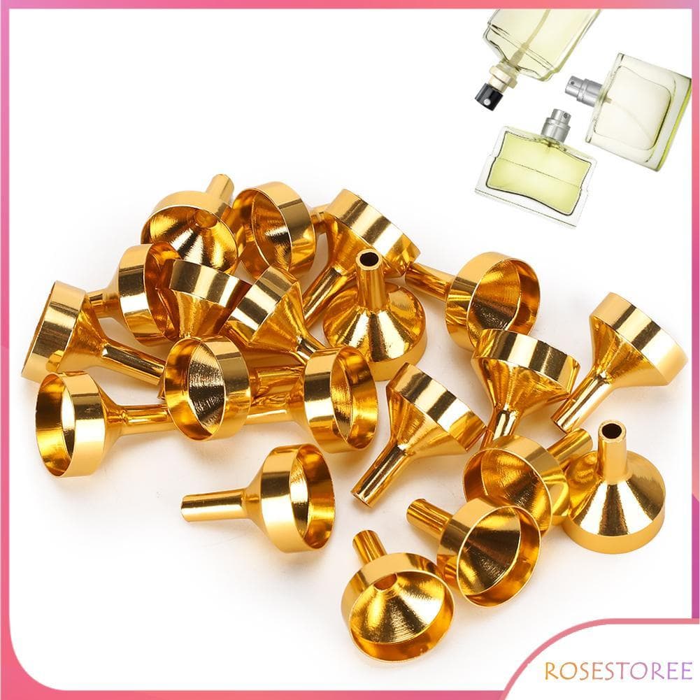Rosestoree Mini funil vazio de metal dourado, 20 peças, para perfume, fragrância, óleos essenciais, cosméticos,