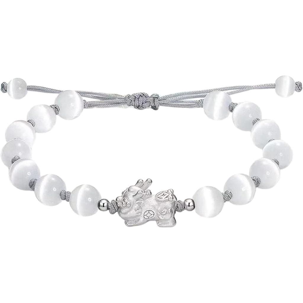Pulseira de dragão Pixiu em prata pura 999, Pulseira de Boa Sorte e Riqueza, pedra olho de gato, obsidiana, pulseira de