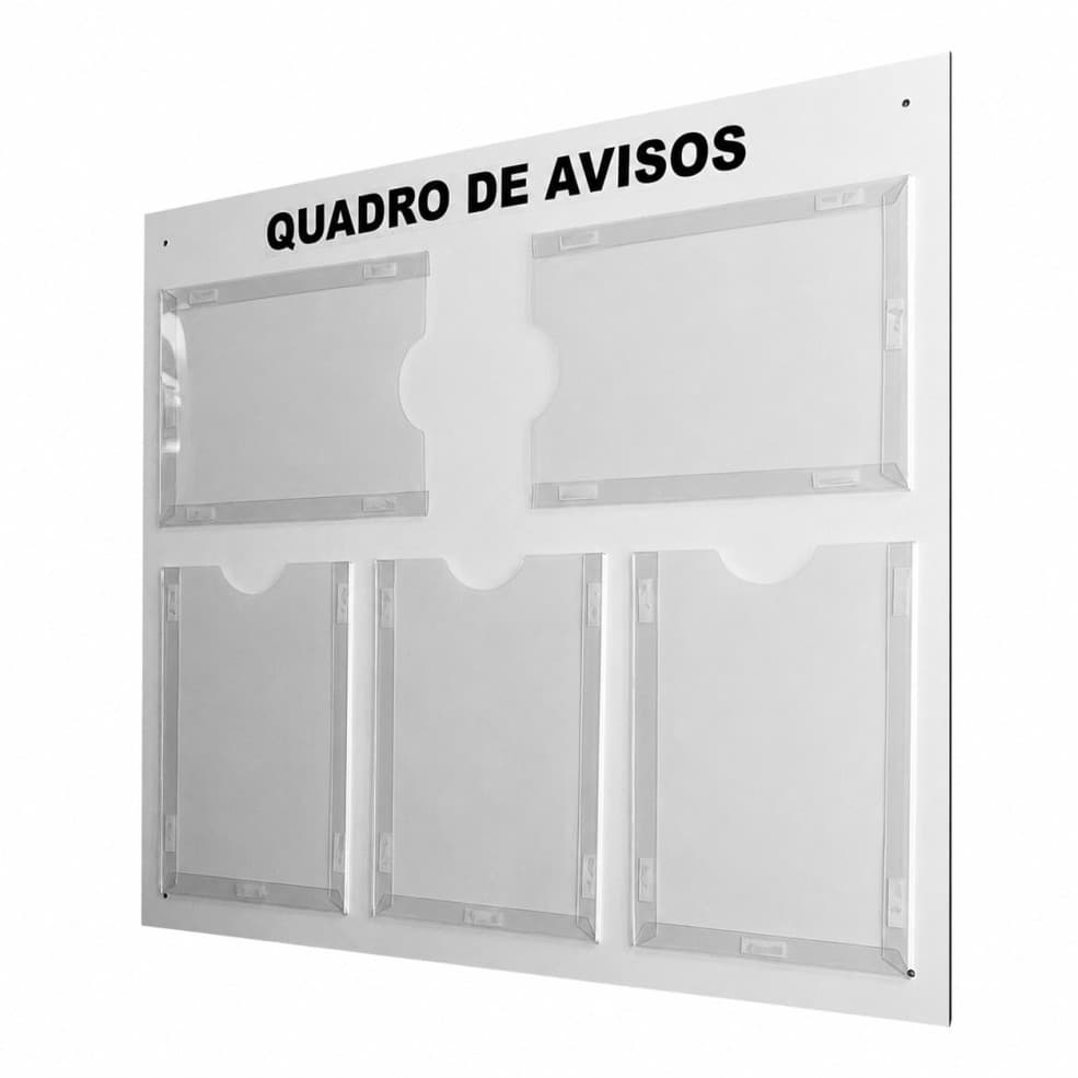 Quadro Avisos Gestão Á vista Profissional Recados Acm Branco 5 Displays Folha A4 Transparente